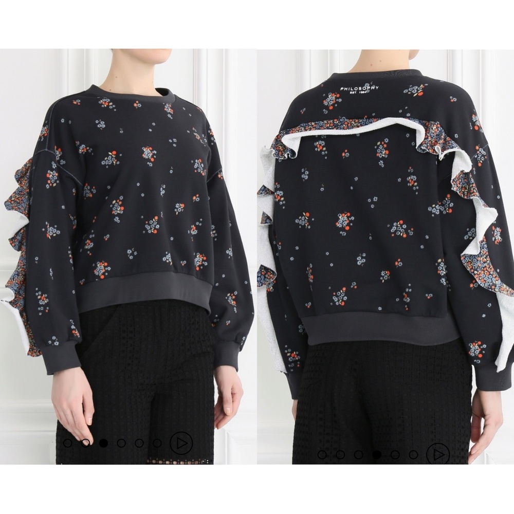 Philosophy Di Lorenzo Serafini Black Floral Ruffle Sleeve Cropped Sweatshirt